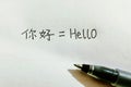 The neat handwriting of Ã¢â¬ÅHelloÃ¢â¬Â in Chinese and English characters, closeup of homework of a beginner Chinese language learner
